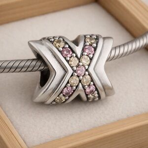 Chamilia .925 Sterling Silver Xs & Os Peach Lt Pink CZ Charm Bead EUC CHAM #277